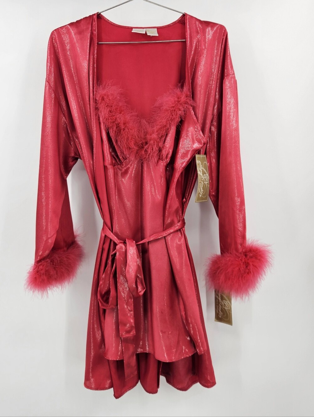 NWT Vintage Y2K Gilligan O'Malley Red Metallic Feather Robe & Nightgown Set M